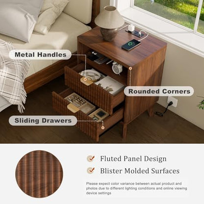 LYNCOHOME Fluted Nightstand with Charging Station, 19.7 inch Wide End Table with 2 Drawers, Modern Wood Bedside Table for Bedroom,Brown,1 Pcs - color: Walnut, size: 15"D x 19.7"W x 25.5"H（2 Drawers）