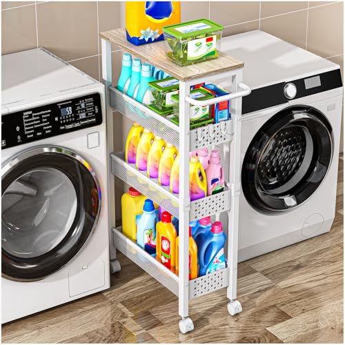 Vivihomety 4-Tier Laundry Utility Rolling Cart with Wheels, Kitchen & Bath | Narrow 8.1" wide, lockable wheels, wood top panel, metal frame, for laundry room, small spaces, pantry, tight gaps, White - color: White, size: 8.1 inch wide