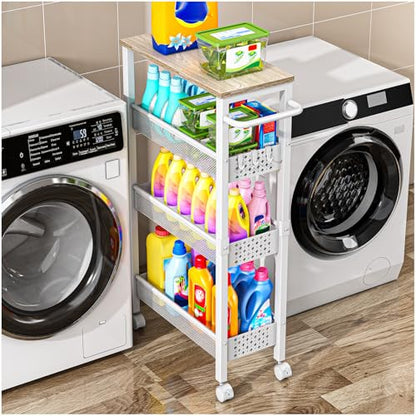 Vivihomety 4-Tier Laundry Utility Rolling Cart with Wheels, Kitchen & Bath | Narrow 8.1" wide, lockable wheels, wood top panel, metal frame, for laundry room, small spaces, pantry, tight gaps, White - color: White, size: 8.1 inch wide