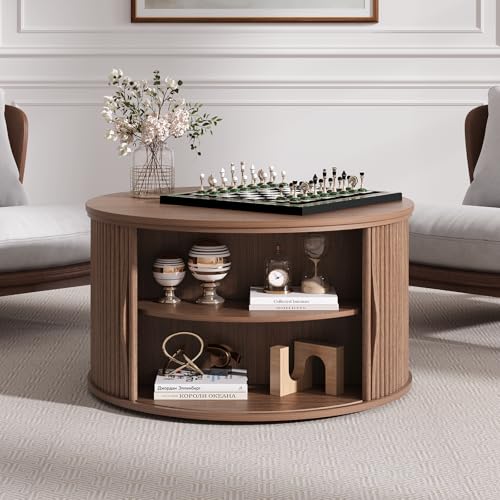 SULIVES Round Coffee Table with Lifting Top, Multifunctional Lift Top Drum Coffee Table with Sliding Door, Small Fluted Center Table for Living Room, Walnut - color: Walnut_round-lift-top