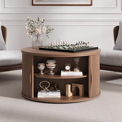 SULIVES Round Coffee Table with Lifting Top, Multifunctional Lift Top Drum Coffee Table with Sliding Door, Small Fluted Center Table for Living Room, Walnut - color: Walnut_round-lift-top