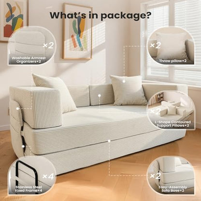 5-in-1 Futon Sofa Bed Queen Floor Convertible Couch Foldable Lounge White | Multi-Position Convertible Lounge Couch for Guest Room & Apartment, Removable Washable Cover, Space Saving - color: Beige