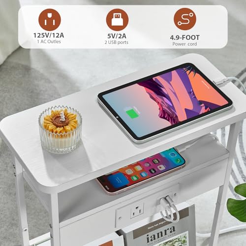 YEAKOO Narrow Side Table with Charging Station, 3-Tier End Table with 2 USB Ports & Power Outlets,Thin Sofa Side Table for Narrow and Small Spaces, Bedside Table Nightstand for Living Room,White - color: White