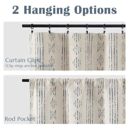 jinchan Boho Blackout Kitchen Tier Curtains, 24 Inch, Blue on Beige | Blue geometric print on warm beige, soft blackout backing, 2 panels, rod pocket, for kitchens, bedrooms, RVs and campers - color: Blackout Backing | Blue on Beige, size: 25"W x 24"L (Pa