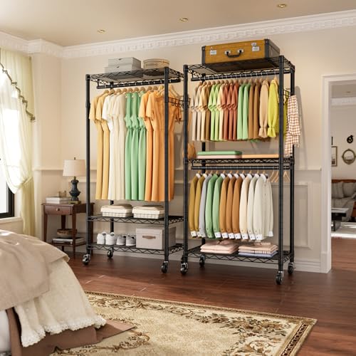 Golpart Heavy Duty Rolling Clothes Rack Wheels Portable Metal Garment Rack | Wardrobe Adjustable Wire Shelving Metal Double Clothing Racks for Hanging Clothes Organizer Closet Laundry Room Organization - color: Black-A, size: 15.75"D x 23.5"W x 72.45"H