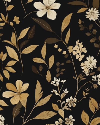 Black Gold Floral Peel and Stick Wallpaper 17.4" x 118" | Renter Friendly, Removable & Waterproof, Vinyl Easy Install for Bedrooms, Bathrooms, Kitchens, Cabinets and Home Decor - color: Gold/Black/White, size: 17.4" x 118"