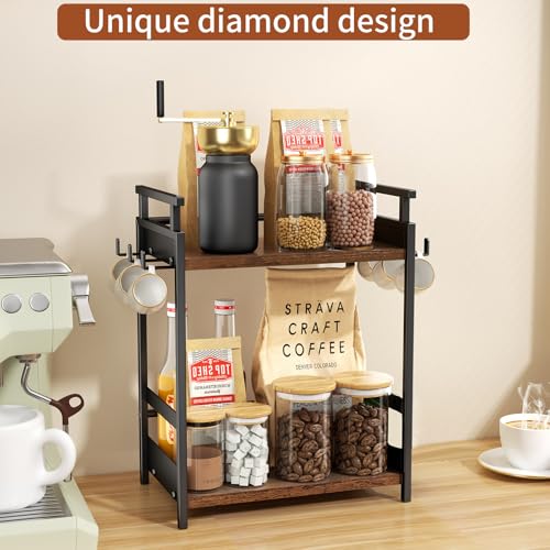 KLM 2 Tier Coffee Bar Organizer for Home Office, Spice Rack for Countertop, Kitchen Counter Storage Shelf with Hanging Basket, Coffee and Tea Condiment Station Organizer