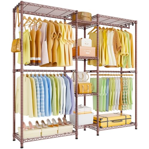 E4 Clothes Rack, Heavy-Duty Garment Rack Can Be L-Shaped Closet System | Bronze Metal Freestanding Clothing Organizer Storage System with Shelves and Hangers, Load 962lbs, 71.6"W x 14.5"D x 79.3"H - color: Bronze
