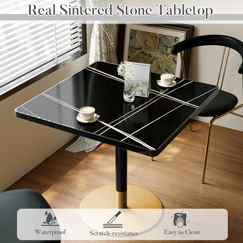 31.5'' Tulip Table, Square Dining Table with Sintered Stone Tabletop | Black Aluminum Alloy Edge & Gold Pedestal, Bistro Table for Dining Room/Café/Small Spaces/Restaurant (Black Gold Vein) - color: Black Gold Vein (Black Edge), size: Square
