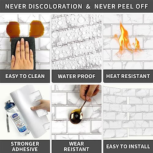 URCOLOR 10-Sheet Backsplash Tile for Kitchen Peel and Stick,12"x12" Self Adhesive Wall Tiles on Back Splashes for Bathroom White Marble Look - color: White