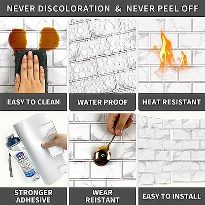 URCOLOR 10-Sheet Backsplash Tile for Kitchen Peel and Stick,12"x12" Self Adhesive Wall Tiles on Back Splashes for Bathroom White Marble Look - color: White