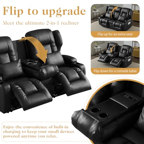 Loveseat Recliner Sofa,RV Wall Hugger Recliners with Flip-up Console,Reclining Loveseat Sofa Recliner with Cup Holders/Lumbar Pillows for Small Spaces,RV Furniture (Black,68" 2-Seater) - color: Black, size: 68" 2-Seater