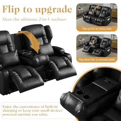 Loveseat Recliner Sofa,RV Wall Hugger Recliners with Flip-up Console,Reclining Loveseat Sofa Recliner with Cup Holders/Lumbar Pillows for Small Spaces,RV Furniture (Black,68" 2-Seater) - color: Black, size: 68" 2-Seater