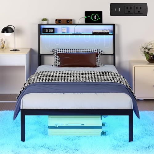 J.Fkne Twin Bed Frames with LED Lights & Charging Station, Metal Platform Frame with Upholstered Headboard, No Box Spring Needed, Noise Free, Easy Assembly - size: Twin, style: Minimalist