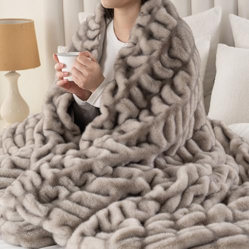 Battilo Large Faux Fur Throw Blanket for Couch, Soft Fluffy Ruched Fur Blanket, Cozy Thick Warm Fuzzy Decorative Minky Blanket for Bed Chair 60"x80"(Tip Dye Grey) | Soft Ruched Faux Rabbit Fur with Tip-Dyed Grey Detail, Thick and Cozy for Couch, Bed, Chai