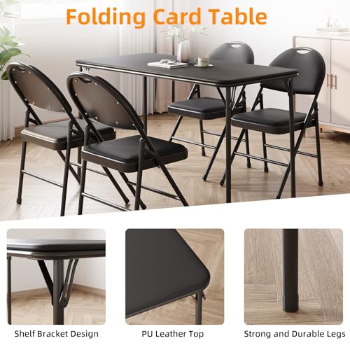 Garvee 4 ft Folding Table Indoor Outdoor, Protable Foldable Card Table, Lockable Metal Legs Support, Upholstered PU Leather Tabletop, Heavy Duty for Picnic Parties Wedding BBQ Camping (Black-1)