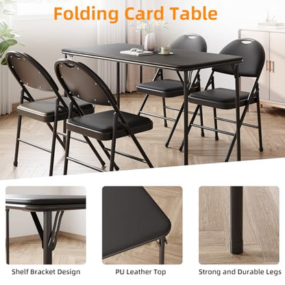Garvee 4 ft Folding Table Indoor Outdoor, Protable Foldable Card Table, Lockable Metal Legs Support, Upholstered PU Leather Tabletop, Heavy Duty for Picnic Parties Wedding BBQ Camping (Black-1)