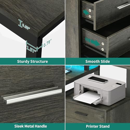 YITAHOME L Shaped Desk with 3 Drawers | 3 Drawers, Power Outlets & LED Lights, File Cabinet & Printer Stand, For Home Office - color: Grey