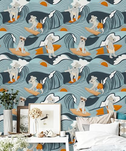 Floralplus Peel and Stick Wallpaper Dog Renter Friendly Wallpaper | Removable, Textured, Waterproof, Stick On Contact Paper, Funny Puppy Blue Wallpaper for Bathroom Nursery, 17.5 x 118 in - color: Blue