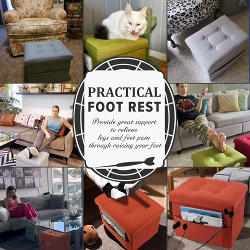 LINMAGCO Storage Ottoman Folding Foot Stool Foot Rest with Side Pocket Modern Ottoman with Storage Short Sofa Stool Linen Cloth 17x13x13(Purple)