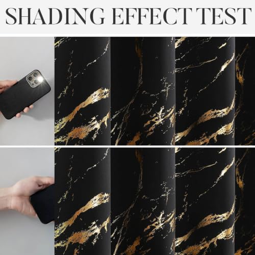 WUBODTI Gold Patterned Black 100% Blackout Curtains 72 Inches Long 2 Panels for Bedroom Living Room, Marble Printed Grommet Thermal Insulated Window Curtain Modern Abstract Drapes, 52" W x 72" L - color: Black and Gold, size: 52"W x 72"L (Pack of 2)