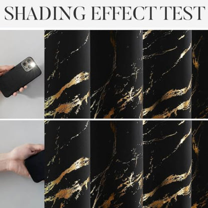 WUBODTI Gold Patterned Black 100% Blackout Curtains 72 Inches Long 2 Panels for Bedroom Living Room, Marble Printed Grommet Thermal Insulated Window Curtain Modern Abstract Drapes, 52" W x 72" L - color: Black and Gold, size: 52"W x 72"L (Pack of 2)