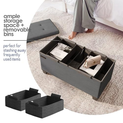 Storage Ottoman Bench with Bins, 30-in Storage Bench for Bedroom End of Bed, Folding Foot Rest Ottoman for Living Room Max 660lbs, Fabric Ottomans, Grey