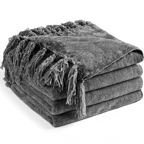 Chenille Throw Blanket for Couch 50" x 60", Dark Grey | Soft Cozy Warm Throws with Fringe Tassel, for Living Room Bed Sofa Chair Cover, Lightweight Knitted Decorative Boho Blankets - color: Dark Grey, size: 50x60 inch