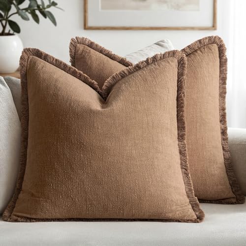 MIULEE Boho Linen Fringe Decorative Fall Throw Pillow Covers Brown 18x18 | Set of 2, Cottagecore Decor, Boho Farmhouse Neutral Pillow Covers, Rustic Fall Couch Cushion Cases for Sofa Bed Living Room - color: Brown, size: 18" x 18" (Pack of 2)