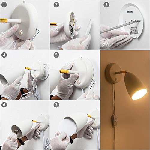 Modern White Plug in or Hardwire Wall Light Sconces, Set of 2 | Adjustable Rotatable Lampshade Simple Wall Mount Lighting Fixture for Bedroom, Living Room, Bedside & Nightstand - color: E-White-2 Pack