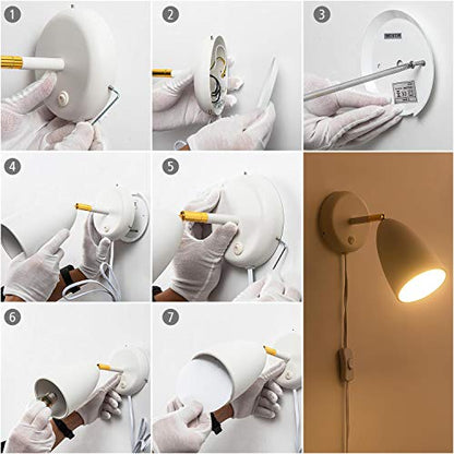 Modern White Plug in or Hardwire Wall Light Sconces, Set of 2 | Adjustable Rotatable Lampshade Simple Wall Mount Lighting Fixture for Bedroom, Living Room, Bedside & Nightstand - color: E-White-2 Pack