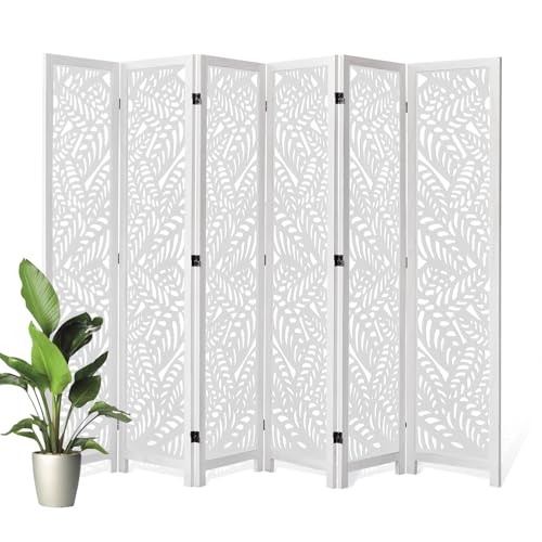 Leaf-Carved Room Divider Privacy Screen - 67 Inch Tall Foading Decorative Wood Screen Dividers Panel for Home - Natural Wood Room Partitions for Enhanced Privacy and Style White 6 Panel - color: White, size: 6 Panels