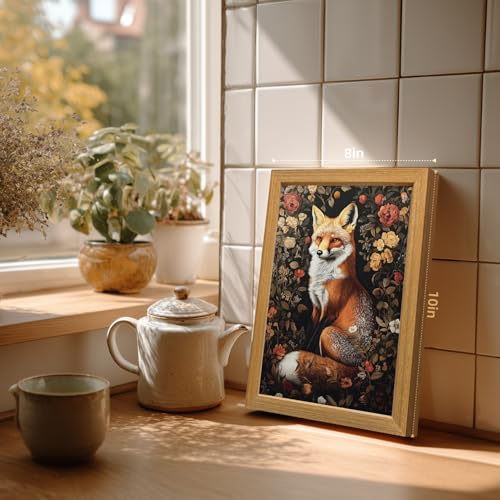 LLEEMPI William Morris Fox Floral Wall Art, 8x10 Wood Framed Print | Vintage fox and floral botanical art for living room, bedroom or hallway; nature-inspired woodland decor for animal lovers. - color: Fox, size: 10"L x 8"W
