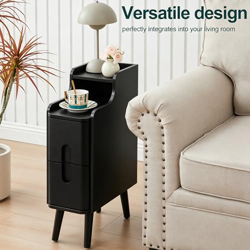 Black Narrow Nightstand, Wood 2 Drawer Small Nightstand, Slim Side Table, Modern Skinny End Bedside Table, Wood Night Stand with Drawers for Bedroom (Black-1 pc) - color: Black-1 Pc