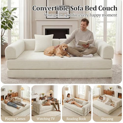 79" Boneless Couch,4-in-1 Futon Sofa Bed Modular Loveseat Sleeper Folding Compressed Couch with Pillows,No Assembly Required Convertible Sofa Bed for Living Room Bedroom Guest Room,Beige - color: Beige, size: 79” Sofa