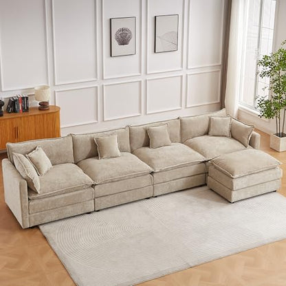 Modular Sectional Sofa, 147.2 Inch L Shaped Couch Set with Armrests, 4-Seater Comfy Cloud Couches with Movable Ottoman for Living Room Apartment, Coffee - color: Coffee, size: 147.2'' - L Shape