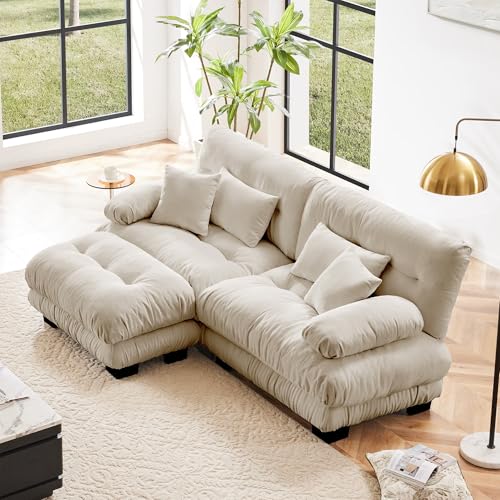 Modular Sectional Sofa for Living Room,94.4" L-Shaped Comfy Couch with Ottoman,2 Seater Beige Small Couches for Small Spaces,Fluffy Couch Set with Deep Seat - color: Chenille Beige, size: 2-Seat & 1-Ottoman