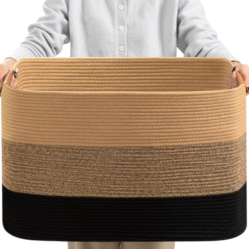 Large Woven Basket, 108L Large Blanket Basket for Living Room, Nursery, Cotton Woven Hamper for Toy Organizing & Laundry, 25’’*16’’*16’’ Gradient Linen - color: Gradient linen, size: 108L
