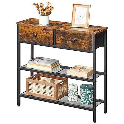 HOOBRO 29.5" Narrow Console Table with 2 Fabric Drawers, Sofa Table, Small Entryway Table with 3-Tier Storage Shelves, Behind Couch Table, for Living Room, Hallway, Rustic Brown and Black BF72XG01 - color: Rustic Brown + Black