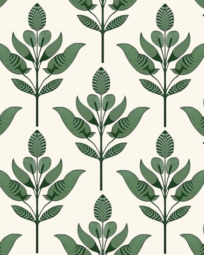 BOKEBEVE Boho Leaf Peel Stick Wallpaper Damask Beige Green 17.5 x 118In | Modern Symmetry Contact Paper Floral Wall Paper for Bedroom Accent Walls Laundry Nursery Pantry Renter Friendly Removable - color: Beige/Green, size: 17.5" x 118"