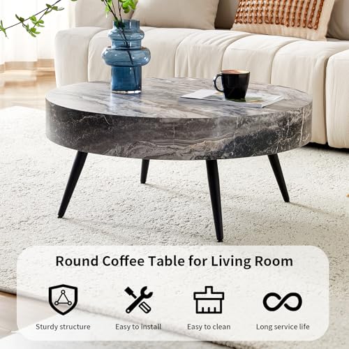 Round Coffee Table, Small Wood Marble Coffee Table with Metal Legs, Modern Mid Century Circle Tables Accent Center Tables for Living Room Apartment Small Space (31.5''D-Marble Grey) - color: Marble Grey