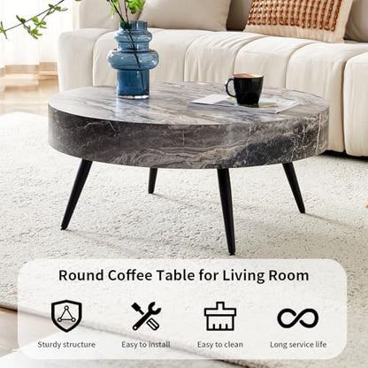 Round Coffee Table, Small Wood Marble Coffee Table with Metal Legs, Modern Mid Century Circle Tables Accent Center Tables for Living Room Apartment Small Space (31.5''D-Marble Grey) - color: Marble Grey