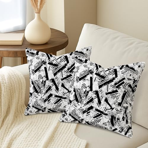 Stripes Throw Pillow Covers Set of 2, Modern Abstract Brush Patterns Texture None Black Soft Velvet Washable Accents Pillows Cases for Living Room Bedroom Loft Office Car Decor 12x12 Inch - size: 12" x 12" (Pack of 2)