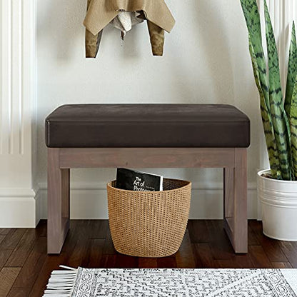 SIMPLIHOME Milltown 27" Wide Vegan Leather Ottoman in Distressed Brown | Contemporary ottoman with a cushioned seat for bedroom seating; rectangle footstool, footrest or bench. - color: Distressed Brown, style: Small Ottoman Bench