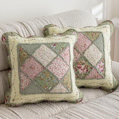 vctops Set of 2 Quilted 100% Cotton Boho Throw Pillow Covers 18" x 18" Farmhouse Country Floral Patchwork Decorative Cushion Cover, Patchwork Flower O - color: Patchwork Flower O