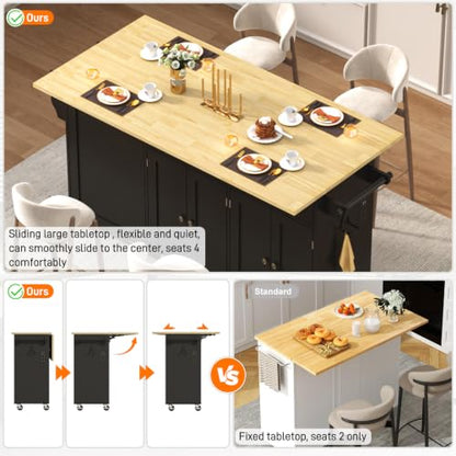 67" Large Movable Kitchen Island w/Sliding Drop Leaf,Power Outlet, Kitchen Rolling Island Cart w/ 2 Drawers, Island Table on Wheels w/Trash Storage Cabinet,Spice Rack, Towel Bar,Garage Hook, Black - color: Black, size: 17.7"D x 66.9"W x 35.8"H