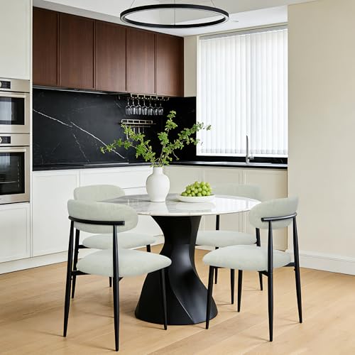 FREKEN Modern Upholstered Dining Chairs Set of 4, Mid-Century Metal Frame Linen Fabric Side Chair for Kitchen Dining Room, 350lbs Capacity, Beige - color: Beige - Black Legs, size: Set of 4