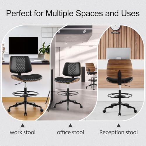 Drafting Chair with Adjustable Footrest, Rolling Walnut Stool, Black | Armless Tall Swivel Stool for Standing Desk, PU Leather Curved Bentwood, Rolling for Office & Art Studio, 300LBS Capacity - color: Black