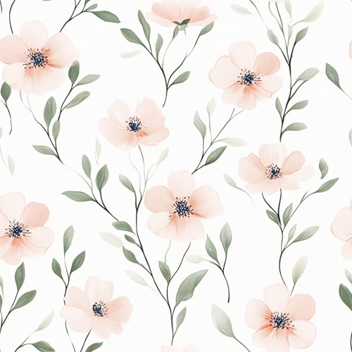FUKU MON Soft Pink Boho Floral Peel and Stick Wallpaper Vintage Watercolor Removable Self Adhesive Wallpaper, Waterproof Renter Friendly Contact Paper for Girls Bedroom Nursery Decor,15.7"x118" - color: White, size: 118" x 15.7"