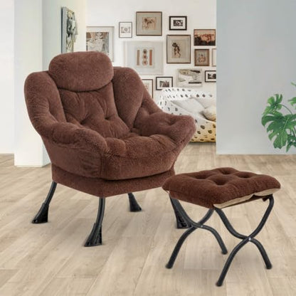 Lazy Chair with Folding Ottoman,Leisure Sofa Chair,Soft Fabric Armchair with Armrests and Side Pockets, Reading Chair with Footrest for Living Room, Bedroom, Office (Plush Dark Brown) - color: Plush Dark Brown